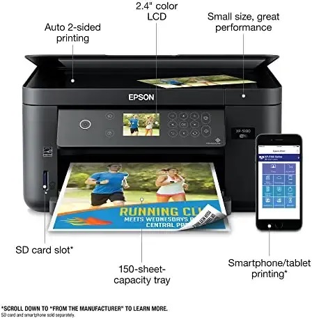چاپگر جوهرافشان رنگی همه‌در یک بی‌سیم سری Epson Expression Home XP 5000، مشکی - کپی اسکن چاپ - 14 ppm، 4800 x 1200 نقطه در اینچ، چاپ خودکار دو طرفه بدون حاشیه، 150 برگ، اسلات کارت